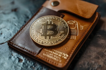 Digitale Vermögensverwaltung: Bitcoin Wallet-Konzept mit Kryptowährung und Technologiefortschritt für sichere elektronische Transaktionen - obrazy, fototapety, plakaty