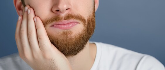 Fototapeta premium Man suffering from toothache presses his cheek shows pain and discomfort on gray background close up