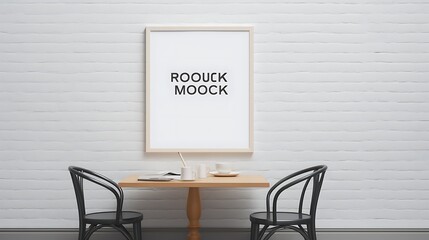 Mockup poster blank frame on a monochromatic wall in a minimally furnished dining area