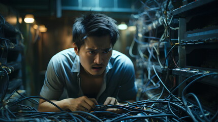 A young man computer technician looks stressed after having trouble with a server. It conveys that even the new generation of computer system administrator has problems that cannot be solved  as well.