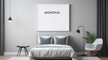 Mockup poster blank frame displayed above a foldable modern guest room Murphy bed