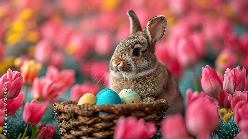 Wall mural Small ,baby rabbit in easter basket with fluffy fur and easter eggs in the fresh