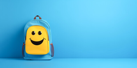 Cheerful yellow smiley face backpack on a blue background - obrazy, fototapety, plakaty