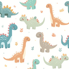 Seamless pattern of cute dinosaurs isolated on white.