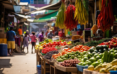 Sunlit market aisle with a rich selection of fruits and vegetables