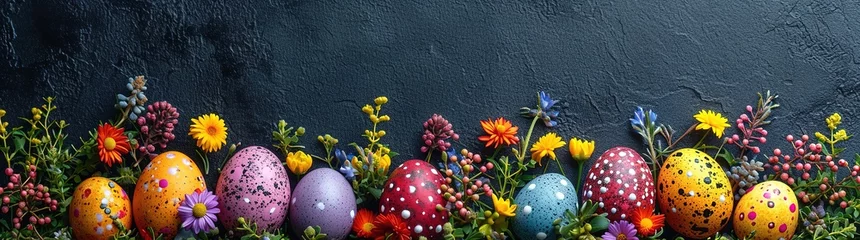Zelfklevend Fotobehang Beautiful postcard with easter decoration and painted colorful easter eggs. Banner © Vasiliy
