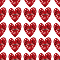 Red and yellow Valentines Day seamless pattern with magical hearts.