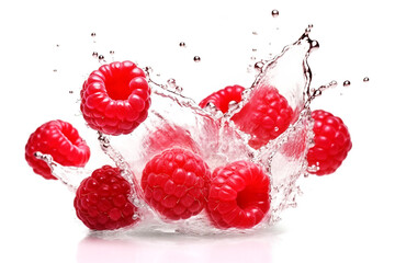 Fresh raspberries with water splashes on white background