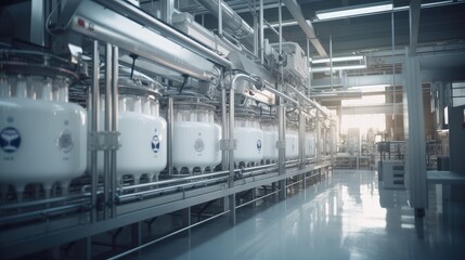 a milk factory with a robotic factory line dedicated to the processing and bottling of milk, selective focus to highlight specific details within the manufacturing process.