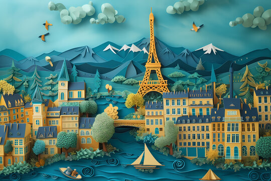 
A vibrant paper art-style illustration of Paris with the Eiffel Tower, quaint houses by the river, and mountains in the backdrop. Generative AI