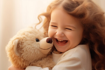 A beautiful and cute little girl in light clothes playing with a teddy bear	