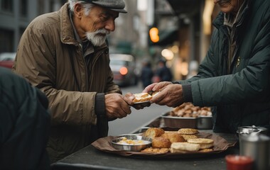 Volunteer hands giving to poor old homeless man food