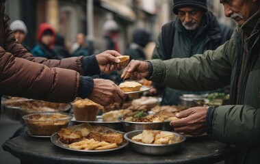 Volunteer hands giving to poor old homeless man food - obrazy, fototapety, plakaty