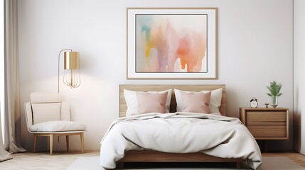 mockup poster frame displayed in a modern guest room with a chic and sophisticated frame, providing a welcoming ambiance