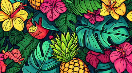Vibrant tropical floral and fruit pattern with a rich color palette. - obrazy, fototapety, plakaty