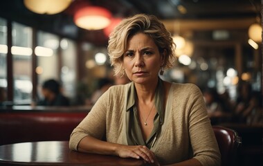 Upset middle aged woman sit alone in bar