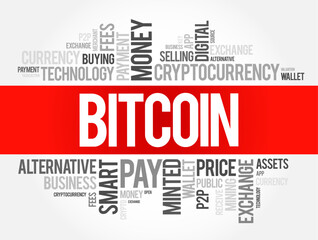 Fototapeta premium Bitcoin - decentralized digital currency, without a central bank or single administrator, word cloud concept background
