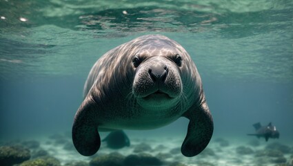  Manatee peacefully swimming in shallow waters 