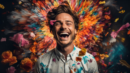 Excited man, shouts, surrounded by colorful burst. Energetic, lively and joyful individual expressing happiness, with vibrant colors symbolizing enthusiasm and vivid energy.