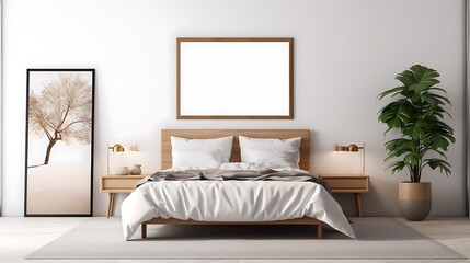 Modern guest room with a statement Mockup poster blank frame and wooden furniture