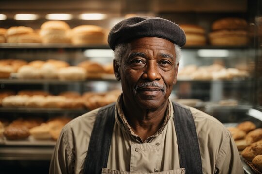 Portrait of senior african man baker in an apron nad beret in a bakery on bread background. Concept of employment of elderly people, small business, cafe, bakery.AI generated