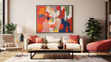 mockup poster frame featured in a modern living room, combining clean lines and bold colors for a sophisticated look