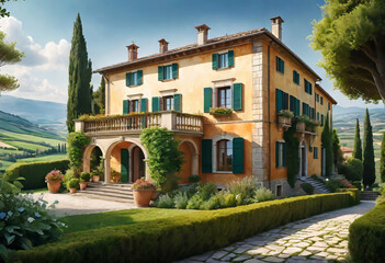 Beautiful seascape overlooking a beautiful villa in Italy in a village with a lot of space and a vineyard, vacation and winemaking concept,