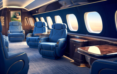 Fototapeta premium Luxury private jet interior with plush blue leather seats and elegant design