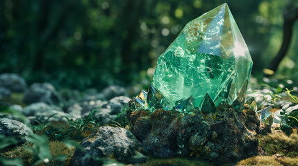 Obraz premium Big Gemstone mineral in fabulous forest, fantasy nature, fairy tale landscape