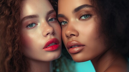 Young and fresh woman models. Intricate details of makeup, essence of modern beauty trends. skin texture, vibrant colors, and flawless application