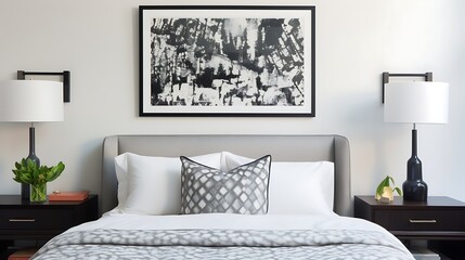 Monochromatic guest room with a framed art piece above a glossy nightstand