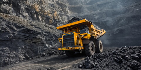 Huge heavy mining dump truck, open pit coal mining, panorama pit coal mining - obrazy, fototapety, plakaty