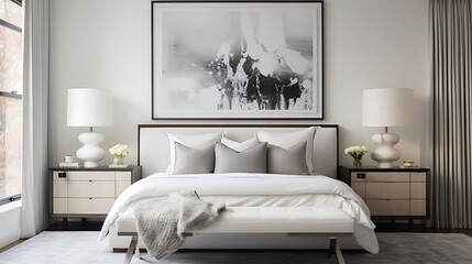 Monochromatic guest room with a framed art piece above a glossy console