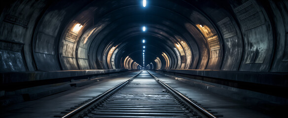 Illuminated tunnel with railway track leading into the distance - obrazy, fototapety, plakaty