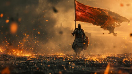 Knight with flag in armor on battlefield. Sparks on castle background. Middle Ages, Victory in battle on battlefield - obrazy, fototapety, plakaty
