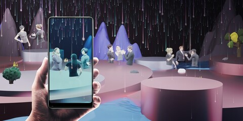 Avatars in Metaverse Party and online meetings via VR glasses and smartphones in the world of Metaverse and the sandbox 3D illustrations
