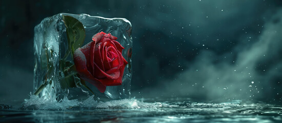 Generative AI, frozen red rose flower in ice cube, greeting card or banner with copy space - obrazy, fototapety, plakaty