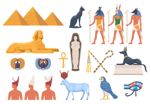 Set of Ancient Egypt elements. Stickers with Tutankhamun, god Ra, Sphinx, Pyramids of Giza and mummy. Traditional religious symbols. Cartoon flat vector illustrations isolated on white background