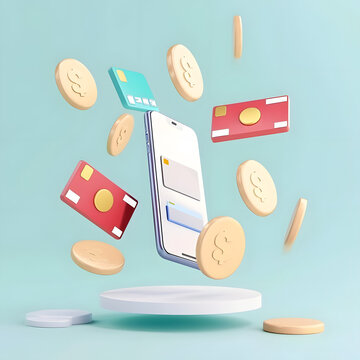 3D rendering of an online payment concept with floating credit and debit cards surrounded by coins. The minimalist cartoon style represents financial transactions, money transfer, and business transac