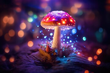 Fototapeta na wymiar Fantasy mushroom with bokeh light in the forest at night , photo fantastic wonderland forest landscape with mushrooms and flowers, Ai generated