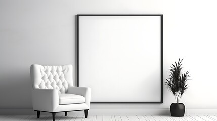 Monochromatic Mockup poster blank frame on a wall featuring minimalist furniture