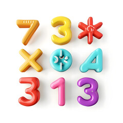3D rendering of basic math operation colorful icon symbols on an isolated background, emphasizing educational concept and visual aids for learning mathematics.