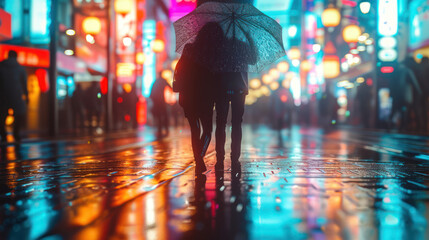 Illustration of an urban Japanese city street and two lovers under one umbrella enjoying a walk