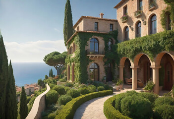 Fototapeta na wymiar Beautiful seascape overlooking a beautiful villa in Italy in a village with a lot of space and a vineyard, vacation and winemaking concept,