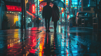 Illustration of a couple in love walking on a rainy night in a city street in Japan illuminated by colorful neon lights while making various reflections on the formed puddles