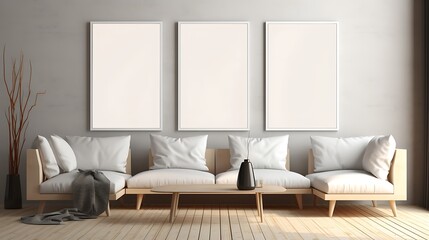 Multiple Mockup poster blank frames arranged on a Nordic-inspired feature wall