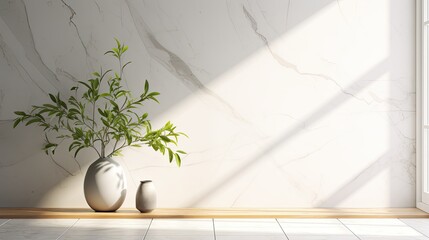spring sunlight illuminating green tree branches, casting shadows on a white marble tile wall and wooden table, ample copy space for creative design elements.