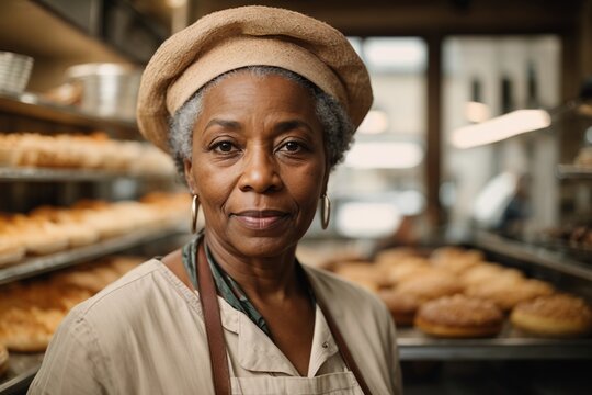 Portrait of senior african woman baker in an apron nad beret in a bakery on bread background. Concept of employment of elderly people, small business, cafe, bakery.AI generated