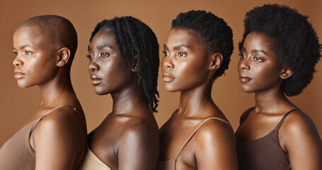 Beauty, face or black women with skincare, glowing skin or afro isolated on brown background. Facial dermatology, models or natural cosmetics for makeup in studio with girl friends or African people - obrazy, fototapety, plakaty
