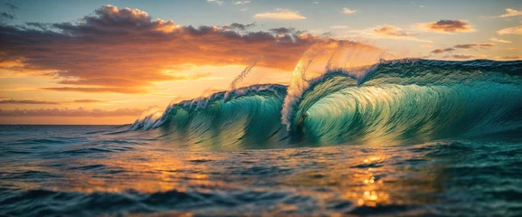 Foto op Canvas Ocean Sunset Wave with transparent waters in a bright tropical marine backdrop © RIDA BATOOL
